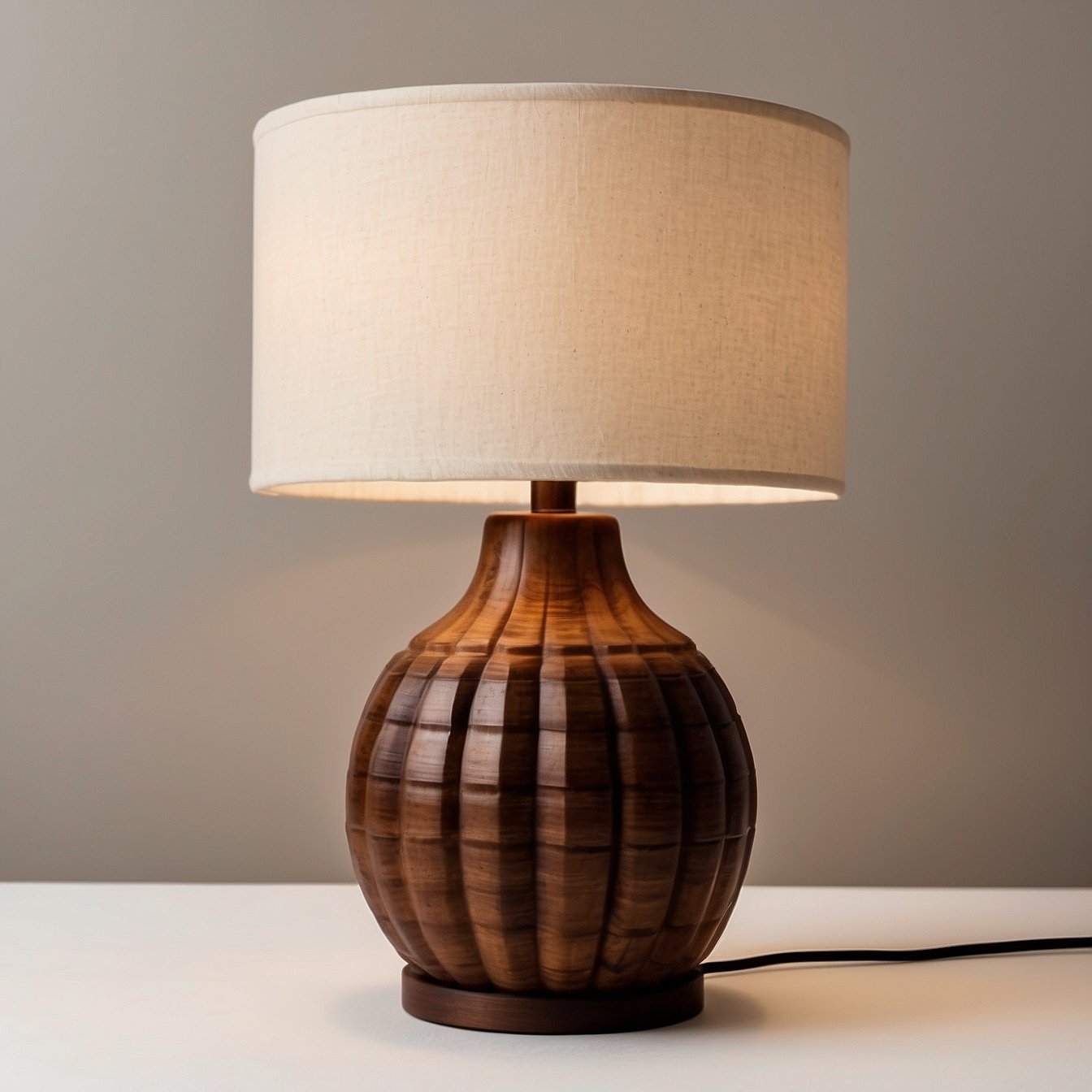 Wood turned table lamp with linen drum shade